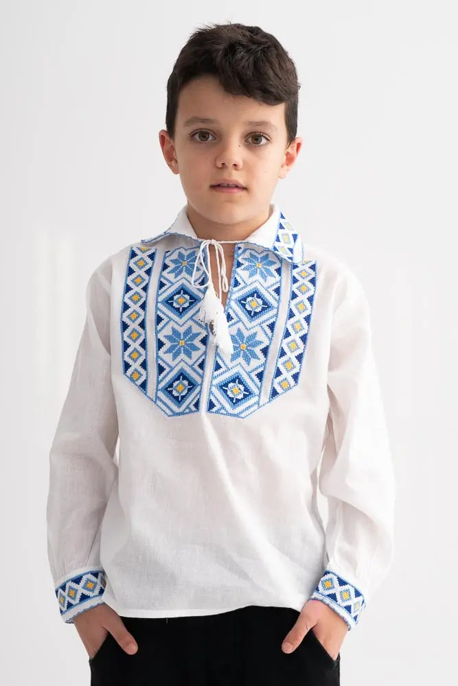 Bluza Baieti Traditionala din Bumbac Alb cu model albastru si galben
