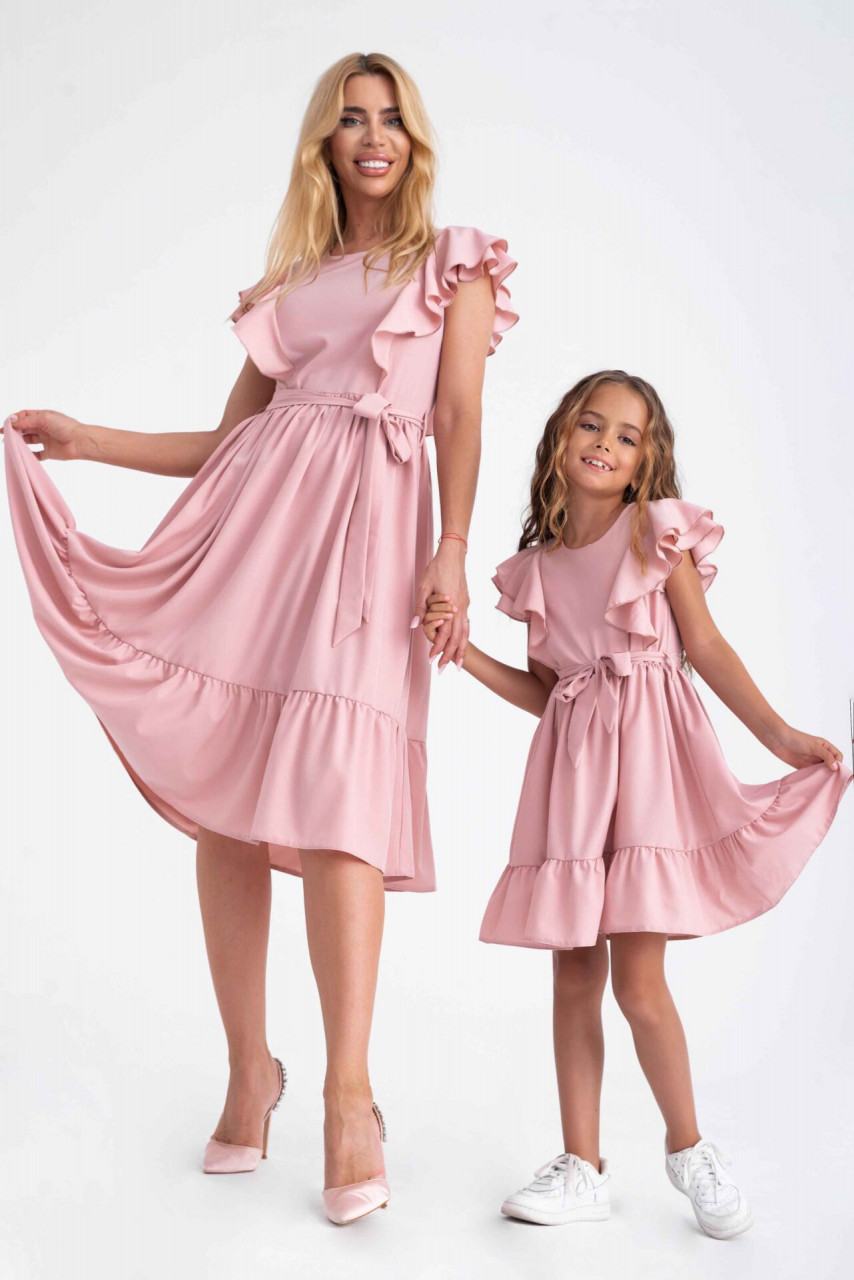 Set rochii identice din bumbac roz cu cordon in talie pentru mama fiica