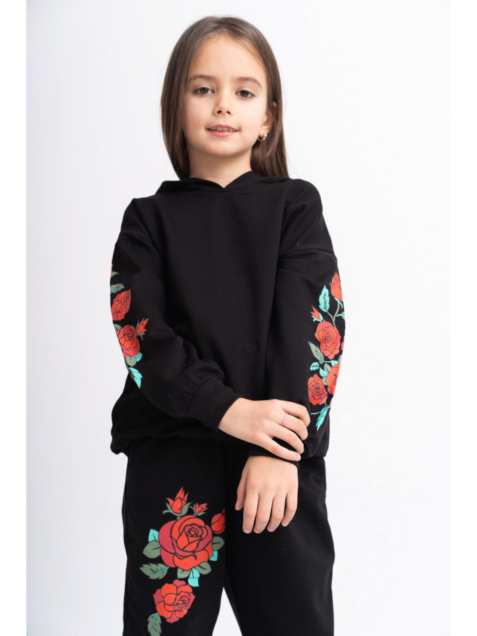 Trening Oversize pentru Copii din Bumbac Negru cu Imprimeu Floral