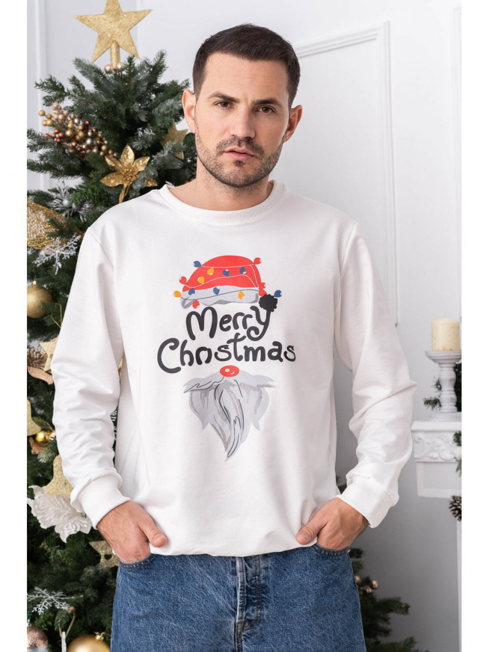 Bluza de Craciun Barbat Alb cu Maneca Lunga bumbac model Merry Christmas