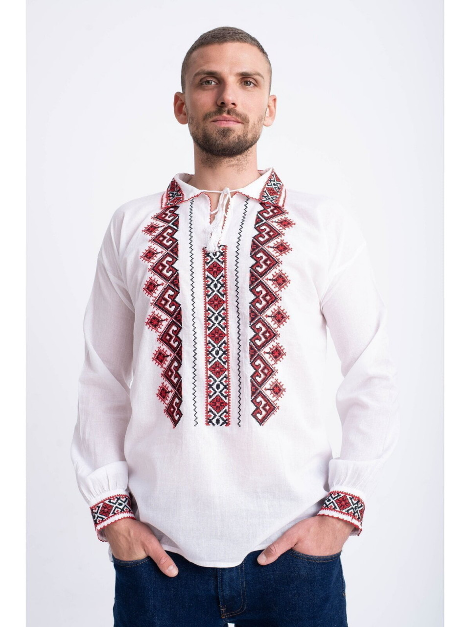 Bluza traditionala din bumbac alb cu model geometric rosu pentru barbat