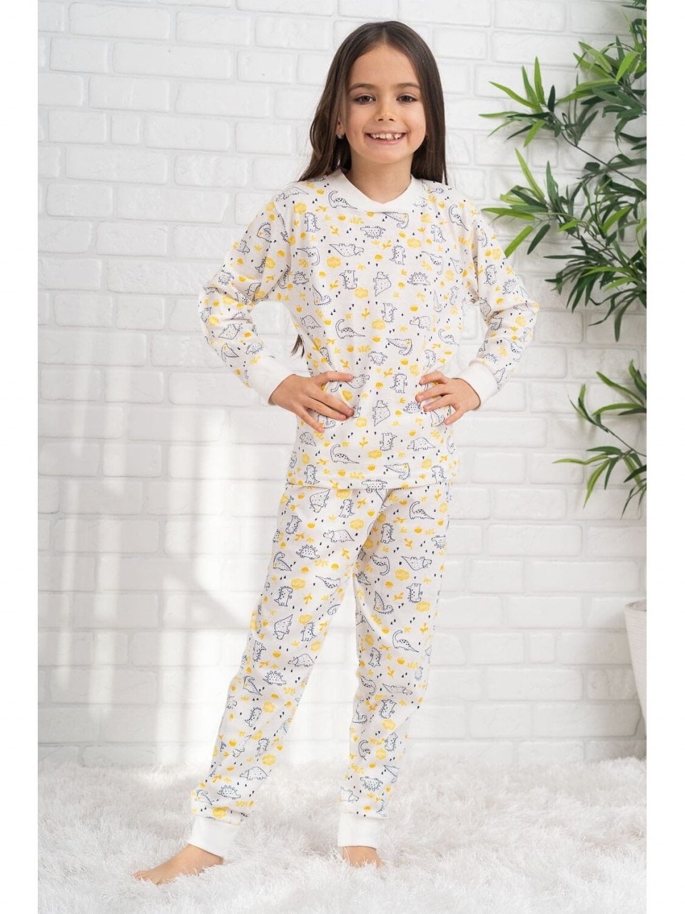 Pijama din bumbac alb cu dinozaur
