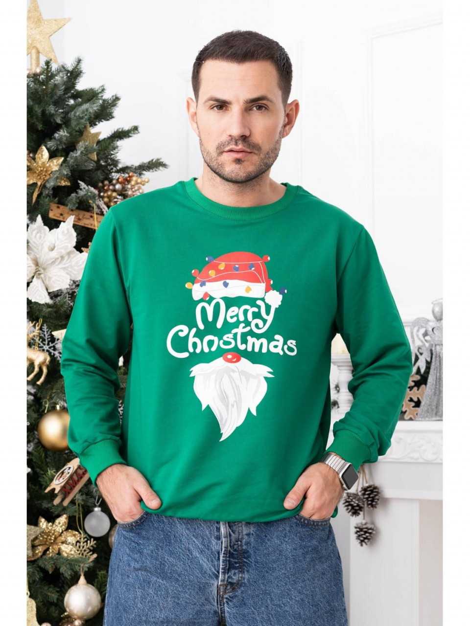 Bluza de Craciun Barbat Verde cu Maneca Lunga bumbac model Merry Christmas