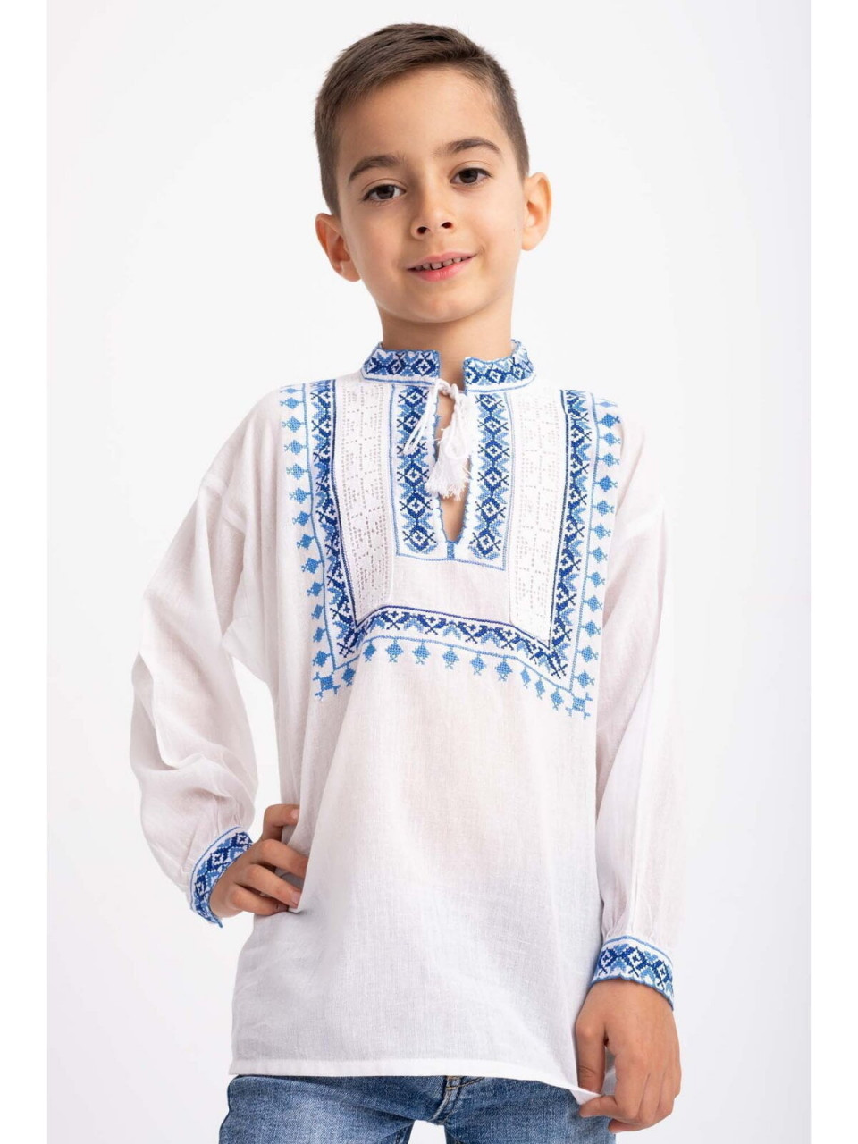 Bluza Traditionala din Bumbac Alb cu Broderie Albastra