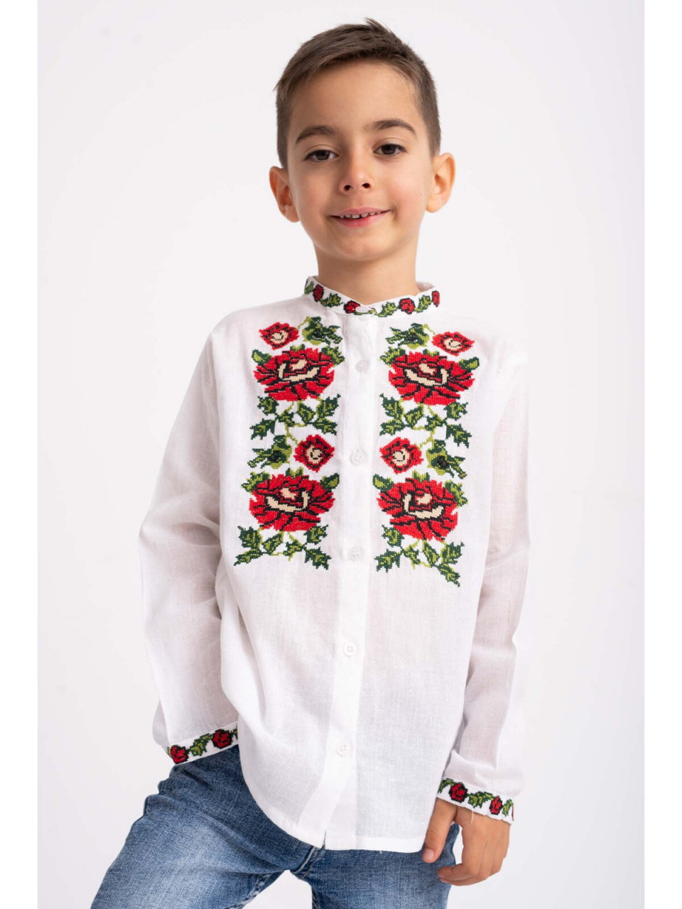 Bluza Traditionala din Bumbac Alb cu Broderie Florala pentru Baieti