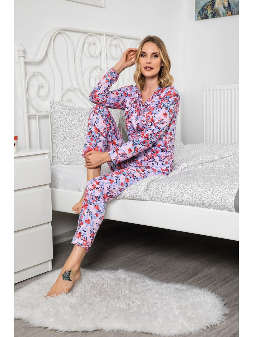 Pijama dama cu maneca lunga din bumbac roz cu imprimeu floral