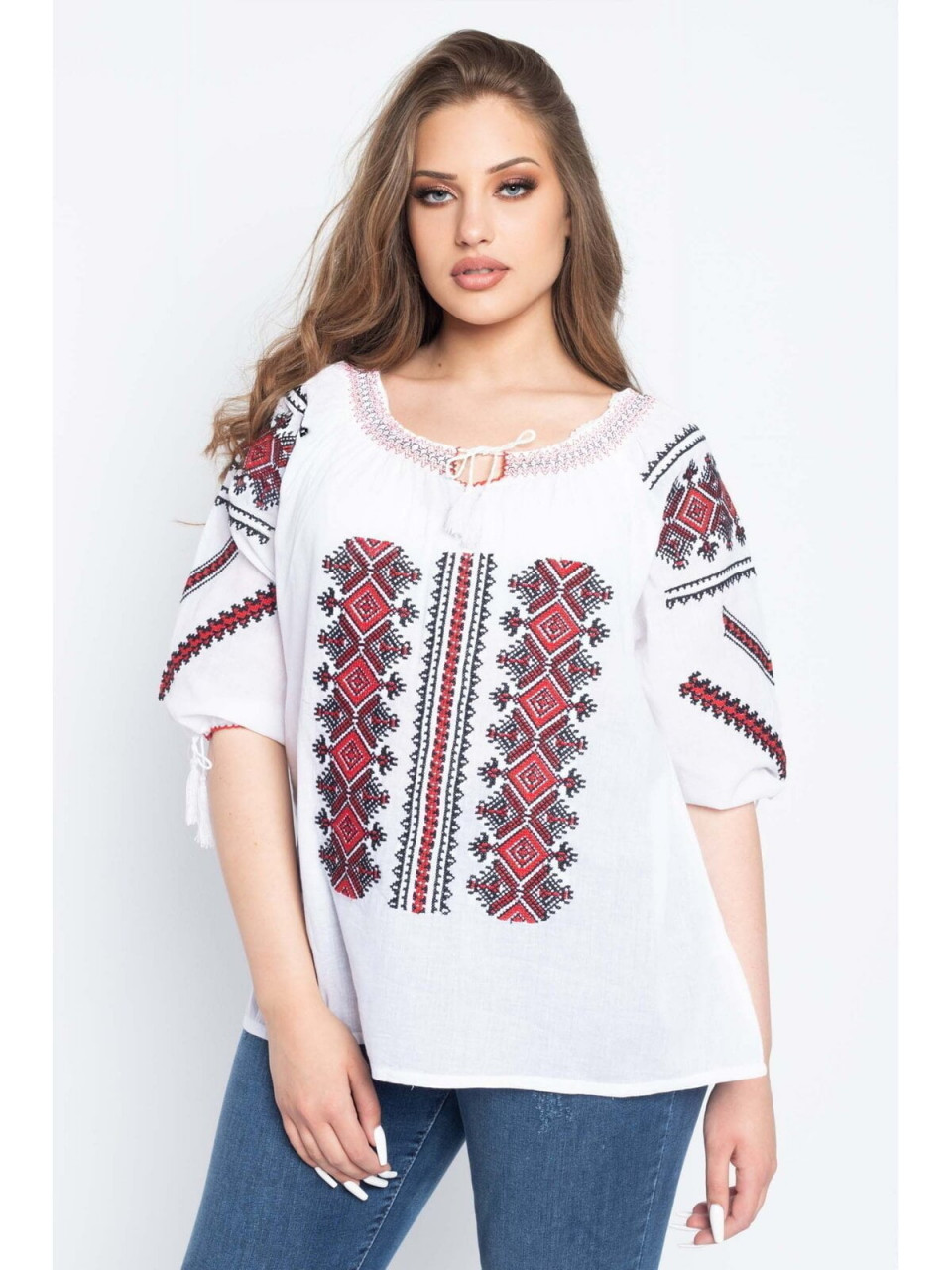 Bluza dama tip ie marimi mari din bumbac alba cu model traditional rosu 8192