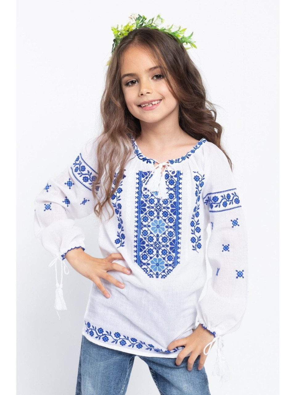 Bluza Traditionala din Bumbac Alb cu Broderie Albastra