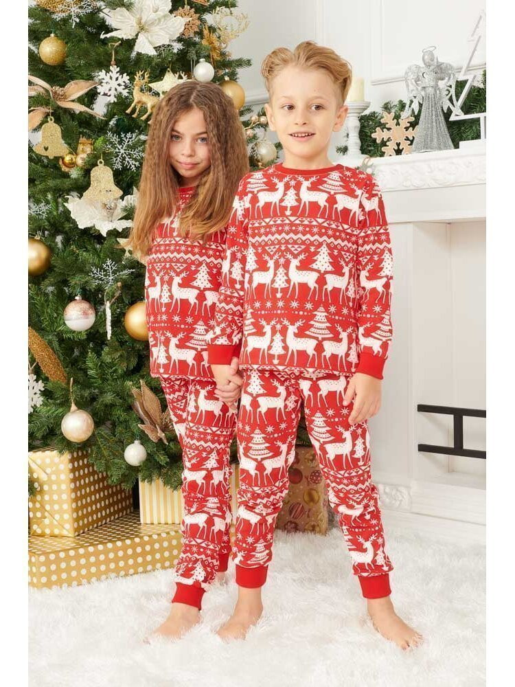 Pijama Craciun Copil cu Maneca Lunga din Bumbac Rosu model Sparkle 1