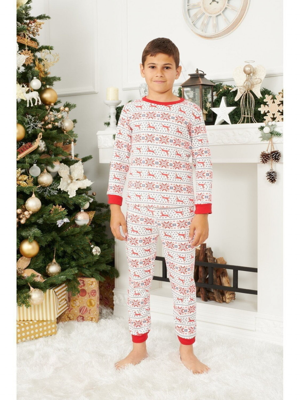 Pijama de Craciun copil cu maneca lunga din bumbac alb cu rosu