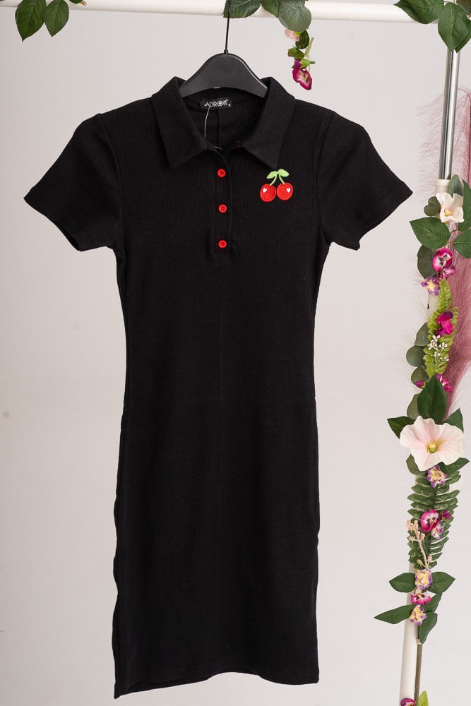 Rochie dama neagra tip tricou cu imprimeu cirese mm