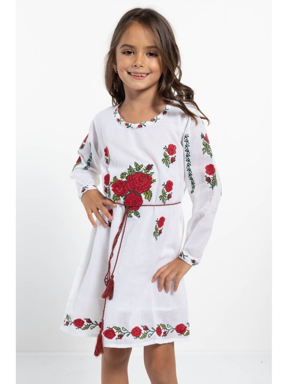 Rochie Traditionala din Bumbac Alb cu Snur in Talie si Broderie Trandafiri