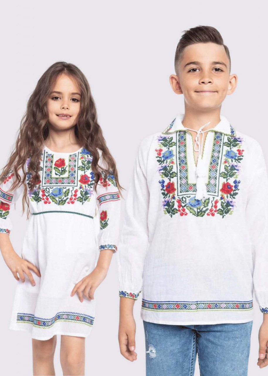 Set Frate Sora bluza si rochie traditionala cu broderie multicolora pentru fete si baieti