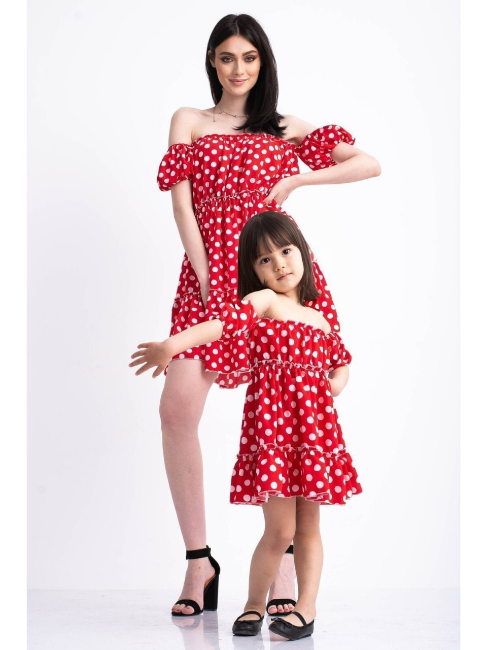 rochii de seară pentru femei de 60 ani Set Rochii de Culoare Rosie cu Buline Albe Vaporoase pentru Mama Fiica