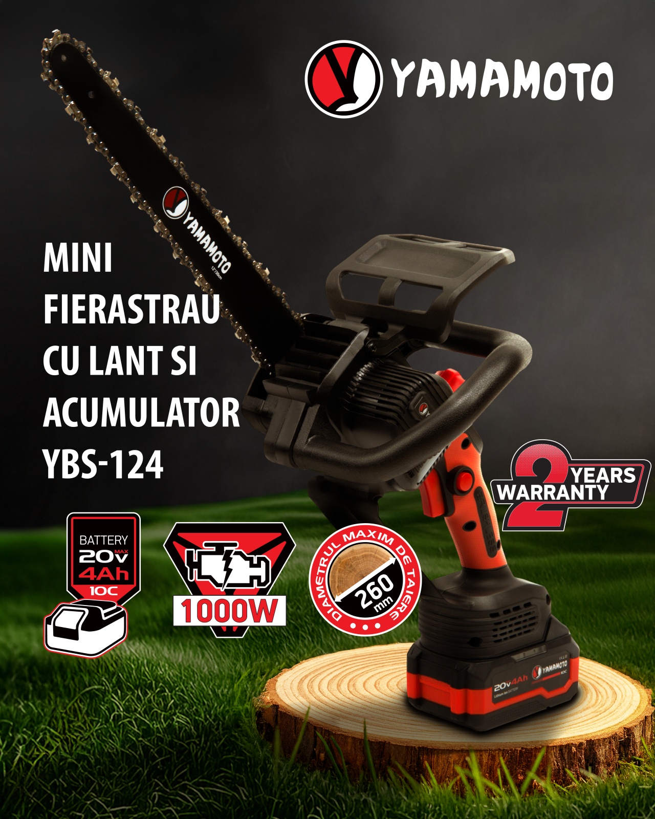 Mini drujba 12" pe acumulator cu 1 acumulator 20V/ 4Ah si incarcator YAMAMOTO YBS-124, 6200 rot/min, Brushless