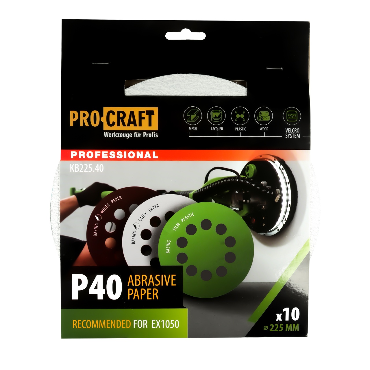 Disc abraziv pentru slefuitor cu excentric KB225.40 PROCRAFT (Set 10 buc) Diametru: 225 mm Granulatie: P40