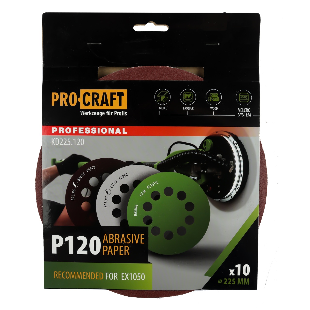Disc abraziv pentru slefuitor cu excentric KD225.120 PROCRAFT (Set 10 buc)Diametru: 225 mm Granulatie: P120