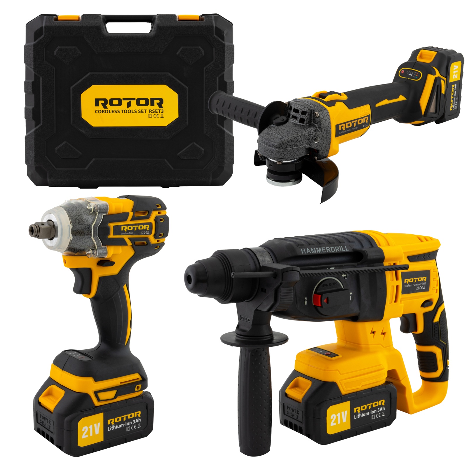 Trusa de scule 3 în 1 ROTOR RSET3, Rotopercutor ,Polizor unghiular, Autofiletanta 21V/3Ah