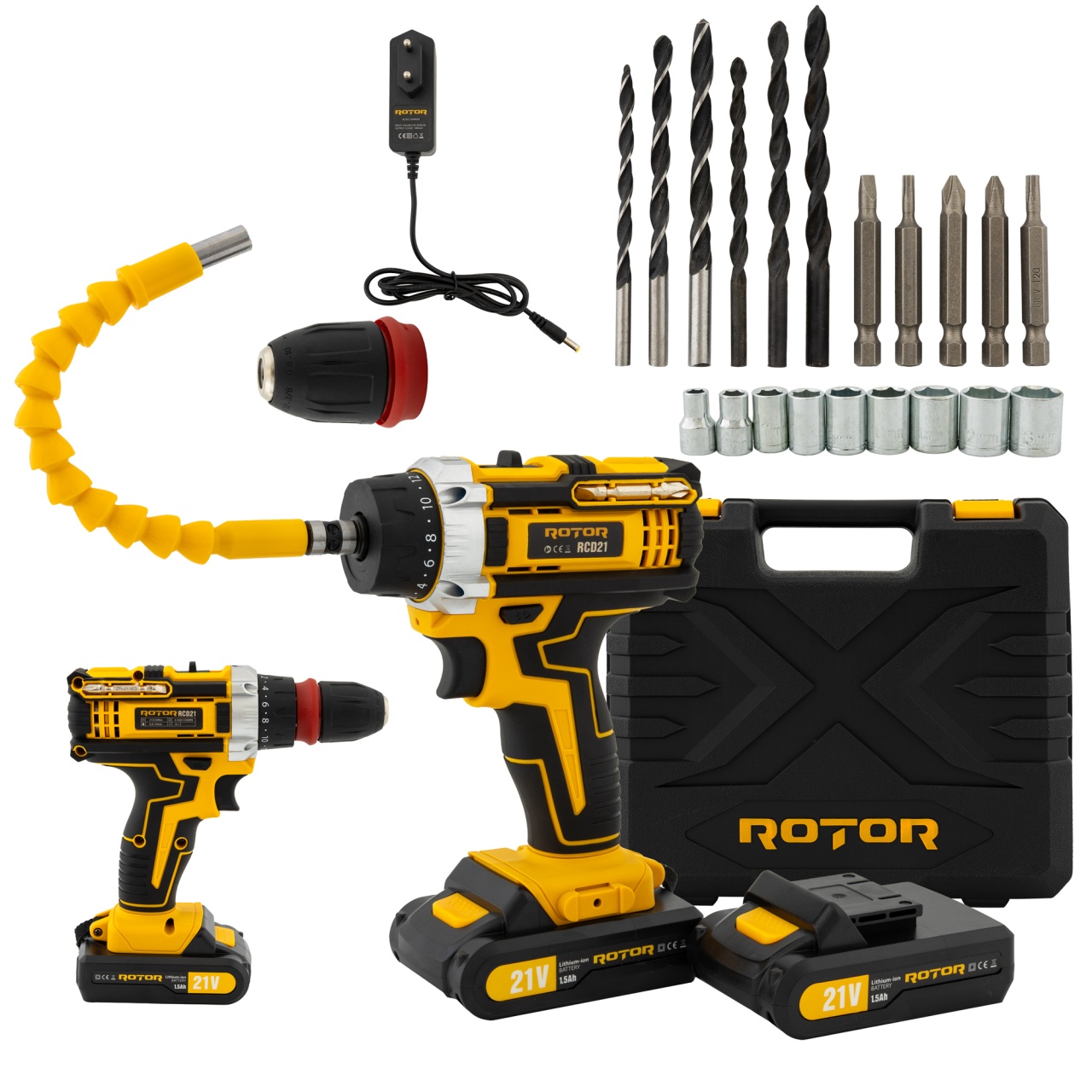 Trusa autofiletanta pe acumulator 21V ROTOR RCD21 + biti, 1350 RPM, Brushless