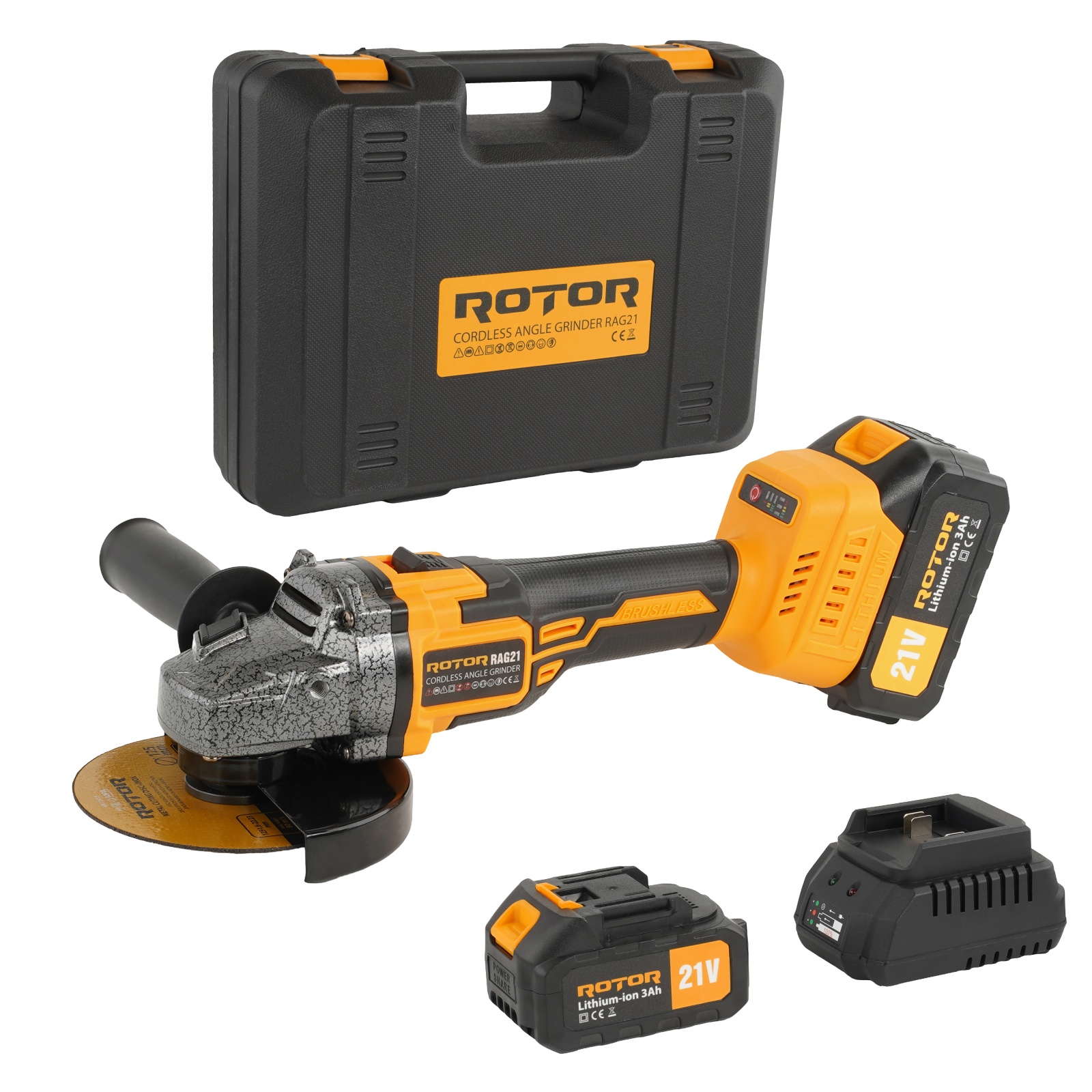 Polizor unghiular pe acumulator ROTOR RAG21 21V/3 Ah,820 W ,8500 rot/min,Brushless