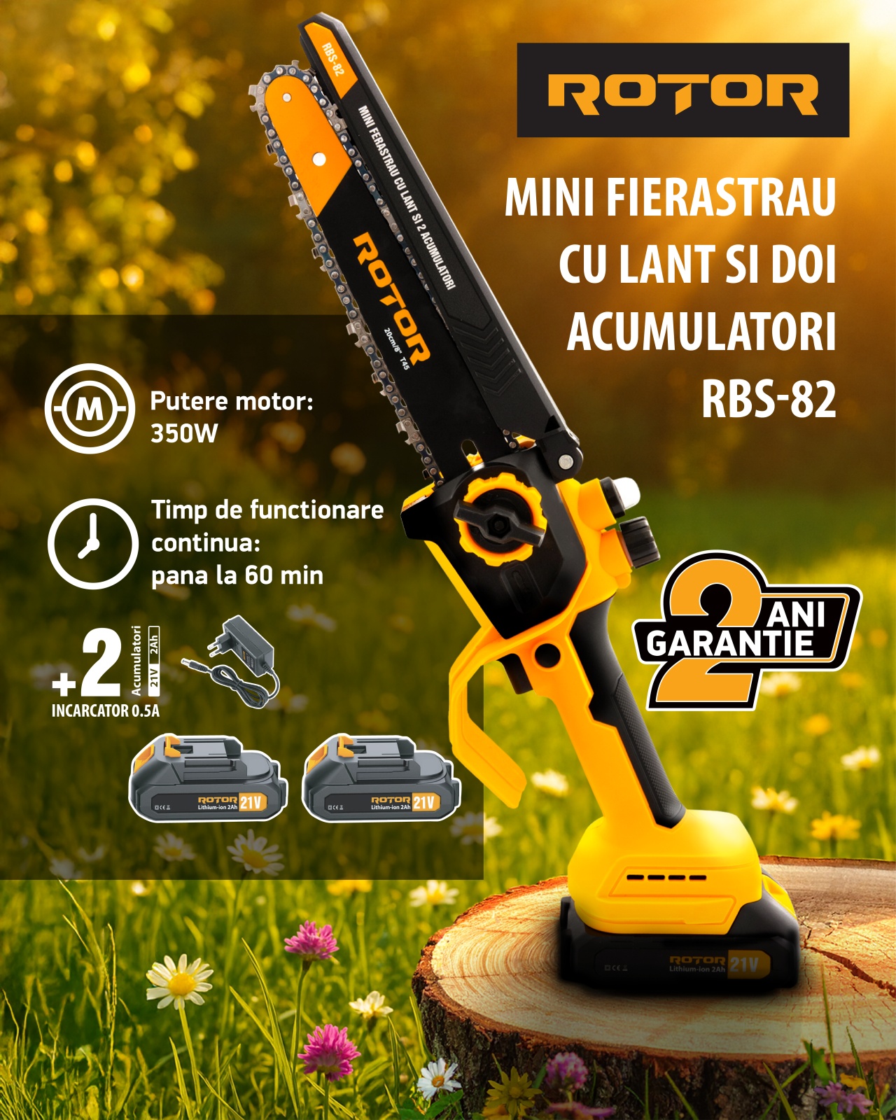 Mini drujba 8" pe acumulator cu 2 acumulatori 21V /2Ah si incarcator ROTOR RBS-82