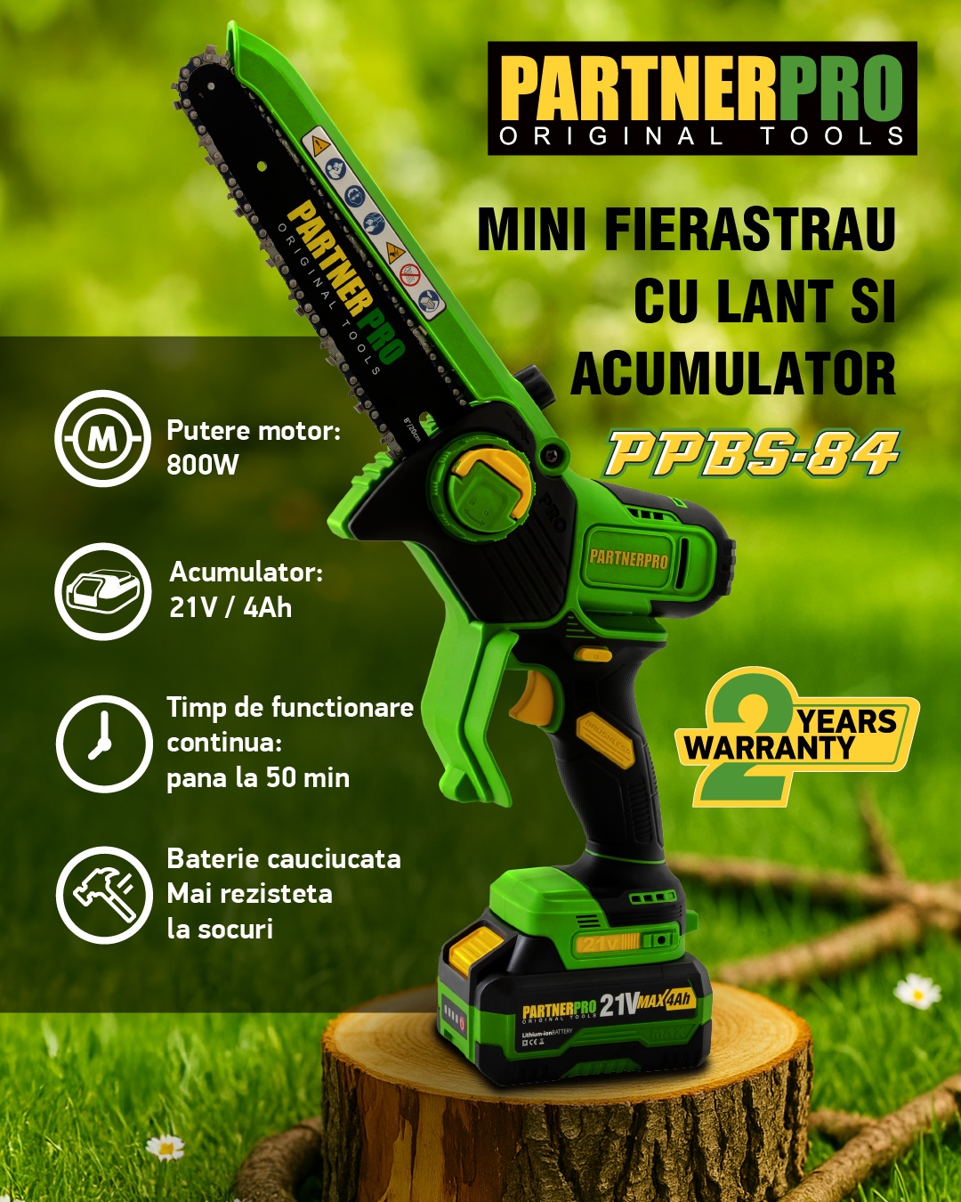 Mini Fierăstrău cu Lanț și Acumulator PPBS-84 PARTNERPRO, Brushless, 21V / 4Ah, Indicator sarcină