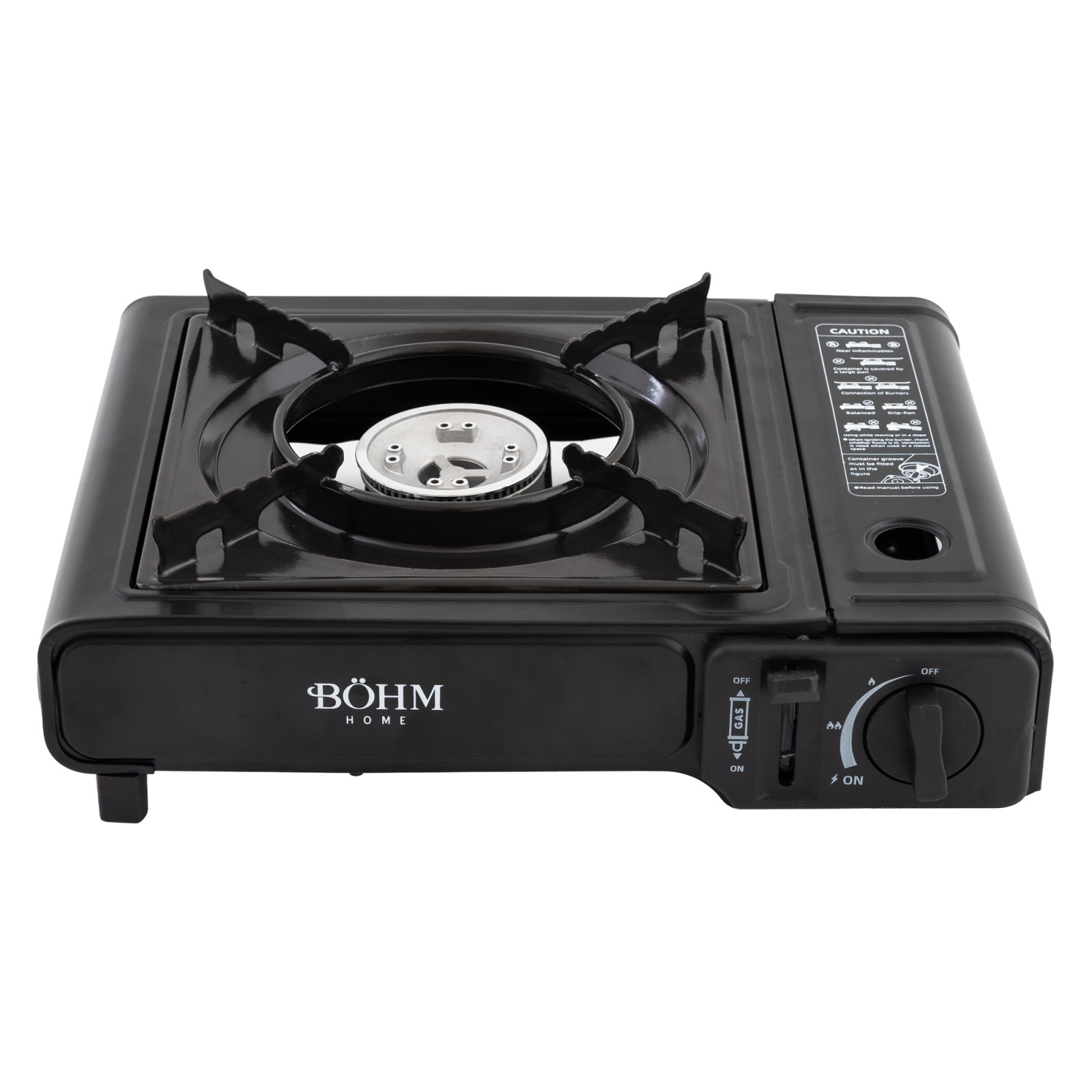 Plita cu un arzator pe gaz Camping BÖHM BG-K-001+L, GPL, 2.3 kW, Racord metalic extern pentru furtun de gaz