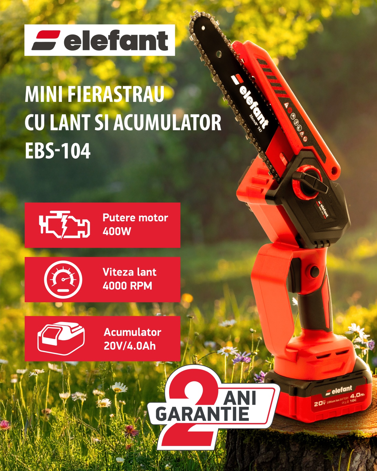Mini fierăstrău cu lanț și acumulator ELEFANT EBS-104, 20V / 4Ah, Brushless