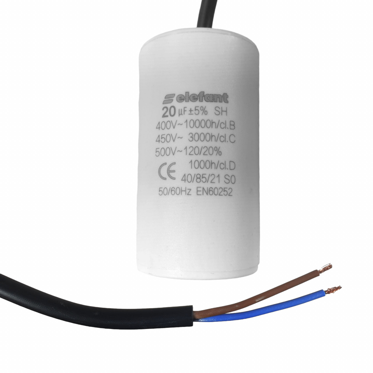 Condensator cu fire CBB60 20µF 40x72mm 450V, Elefant