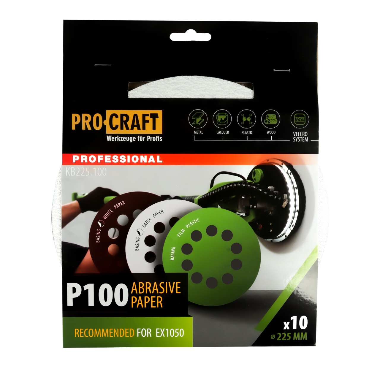 Disc abraziv pentru slefuitor cu excentric KB225.100 PROCRAFT (Set 10 buc) Diametru: 225 mm, Granulatie: P100