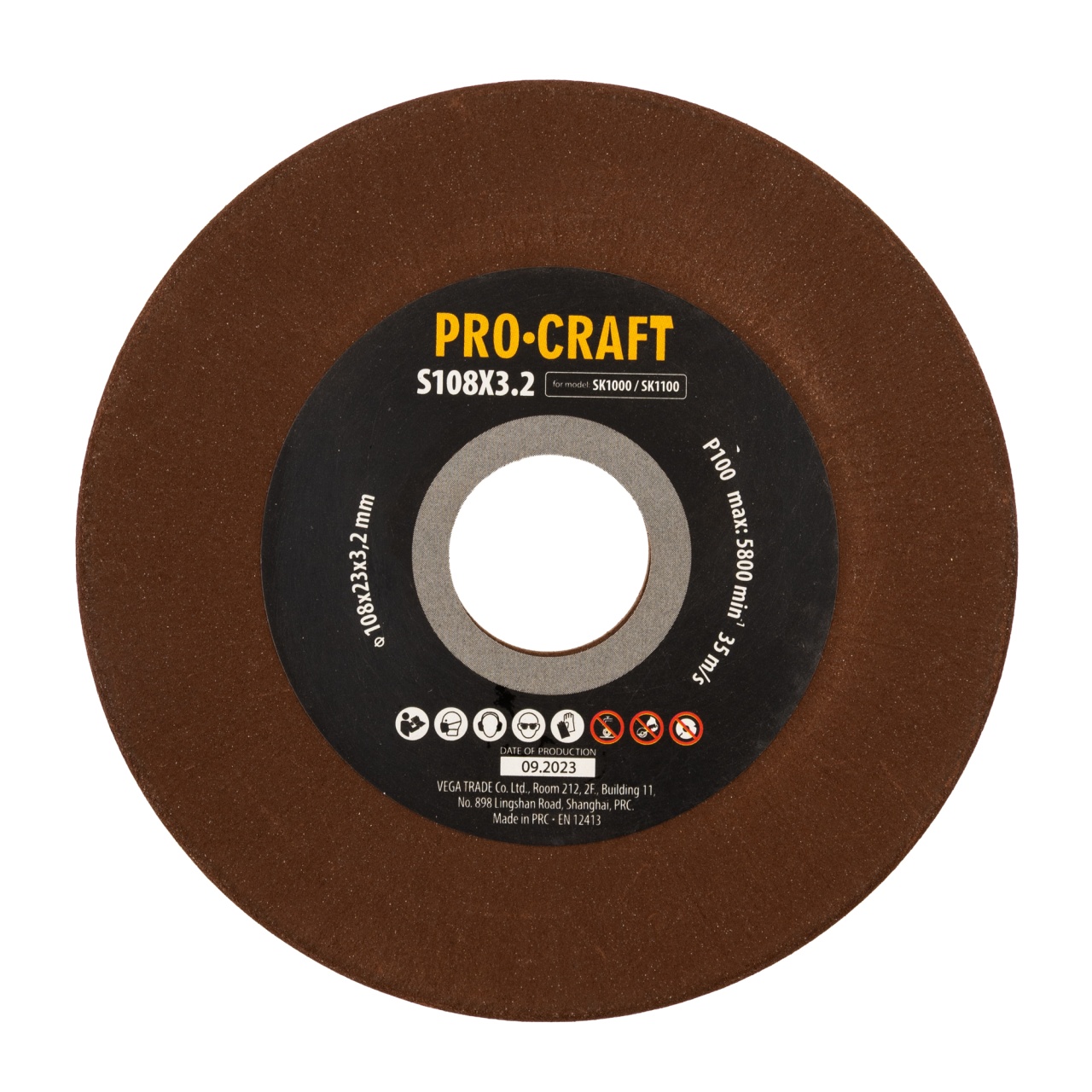 Disc de ascutit pentru ascutitor cu lant S108x23x3.2 GRANULATIE P100, NUMAR ROTATII 5800 RPM PROCRAFT Compatibil cu SK1000