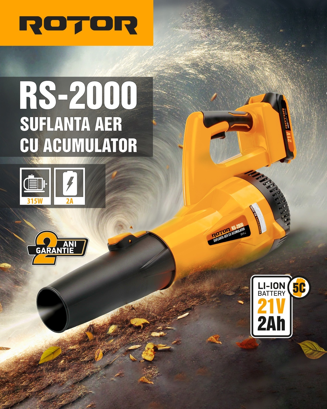 Suflantă aer pe acumulator ROTOR RS-2000 cu 1 acumulator 21V / 2Ah si incarcator ROTOR