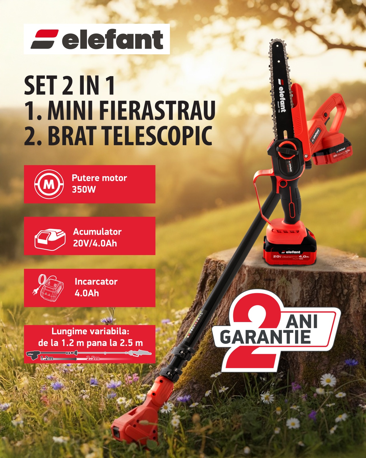 Set Mini drujba 8" si Extensie prelungire 2,5 m pe acumulator cu 1 acumulator 4Ah si incarcator ELEFANT ESBS8EP2.5