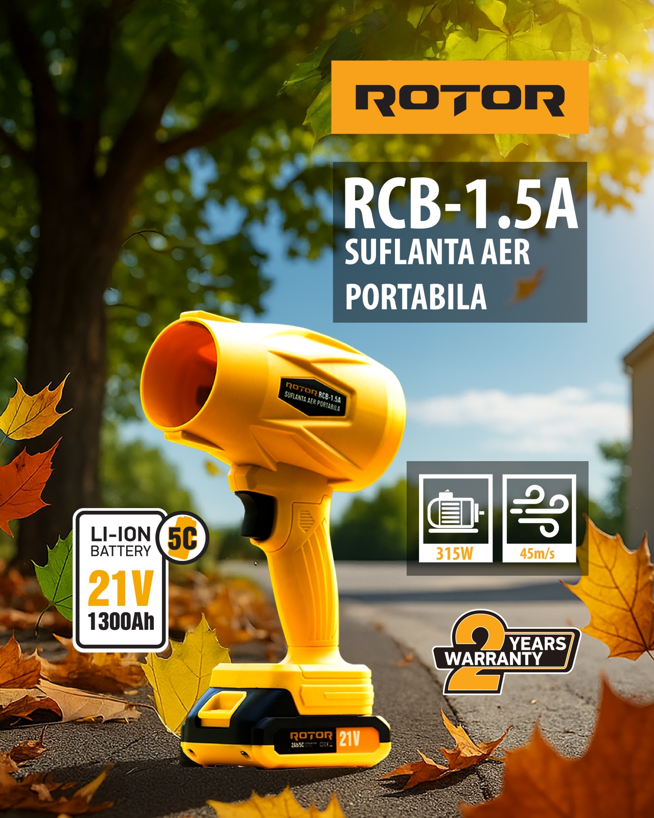 Suflantă aer pe acumulator ROTOR RCB-1.5A 45m/s, 21V/1,3Ah