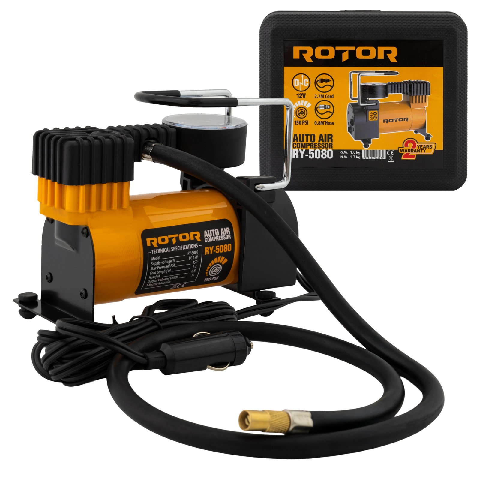 Compresor auto ROTOR RY-5080 , tensiune alimentare 12V, 10 bar / 150 psi, 30 L/min