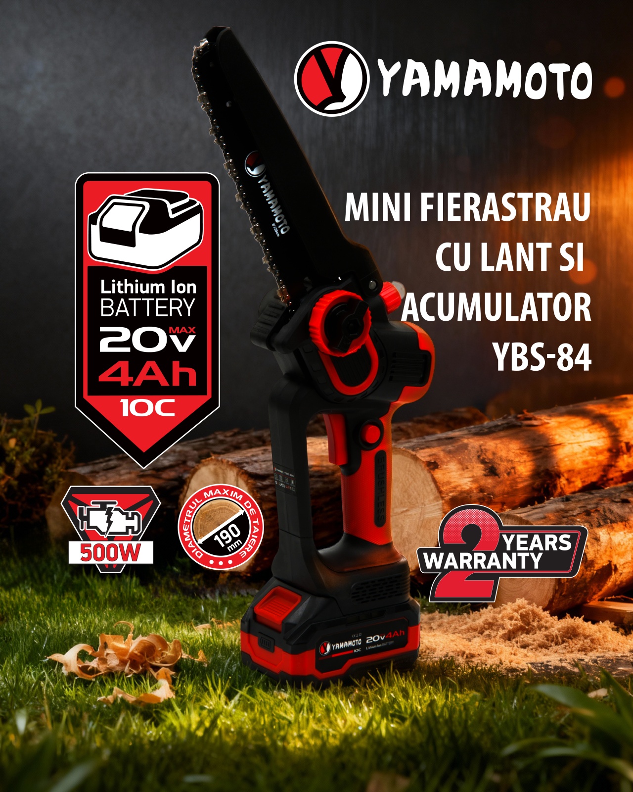 Mini drujba 8" pe acumulator cu 1 acumulator 20v/4Ah si incarcator YAMAMOTO YBS-84 5400 rot/min, Brushless