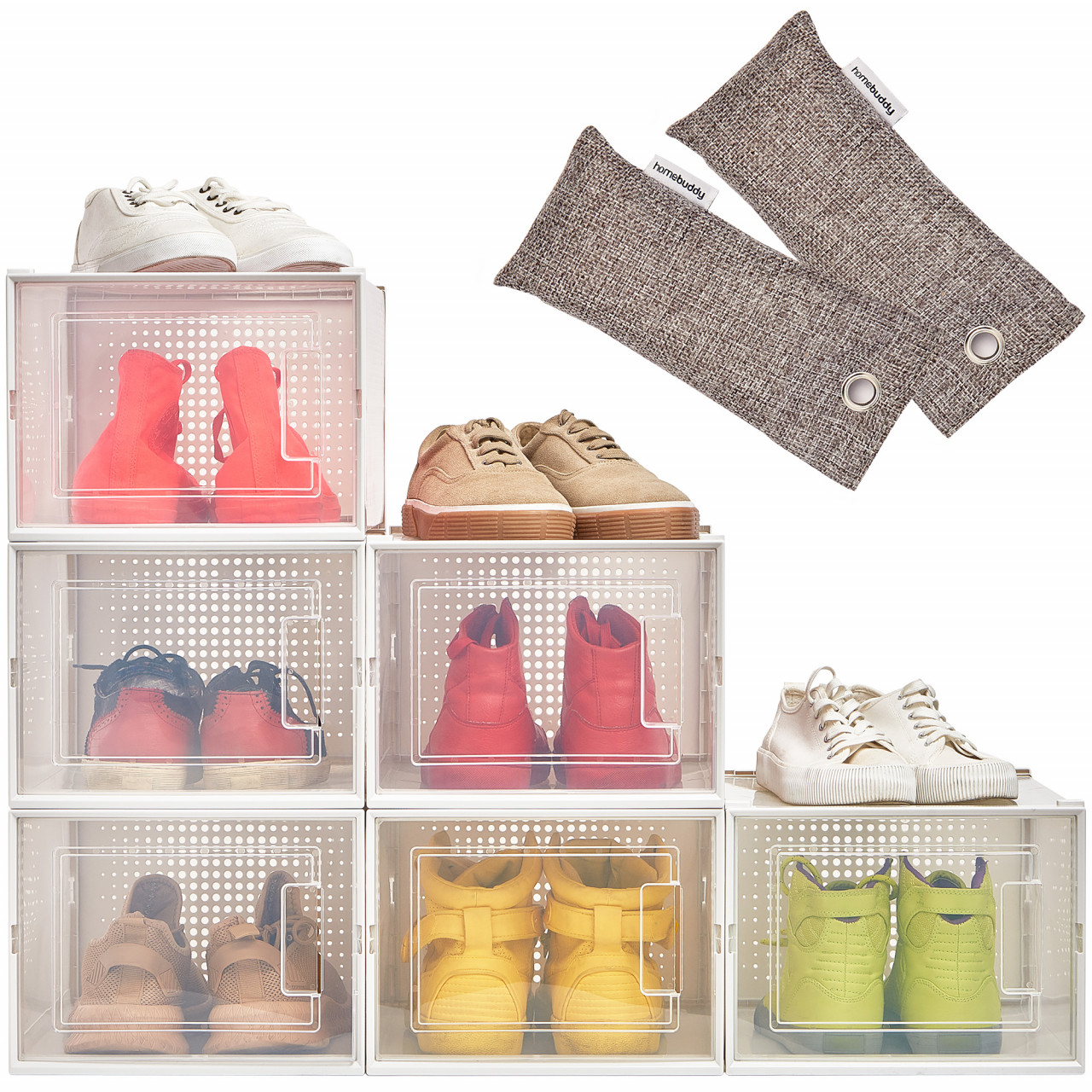 Set 6 cutii organizatoare pantofi, HomeBuddy, modulare, depozitare incaltaminte marime 48, gauri de aerisire, transparent, 2 saculeti carbune activ de bambus inclusi