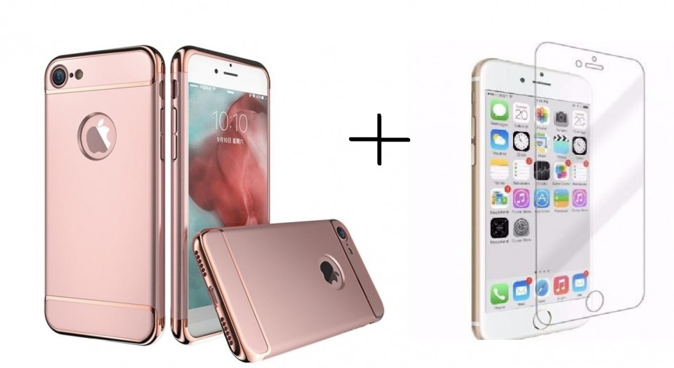 Pachet husa Elegance Luxury Ultrasubtire 3in1 Rose-Gold pentru Apple iPhone 7 cu folie de sticla gratis