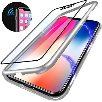 Husa Apple iPhone 7, Magnetica 360 grade Argintiu, Perfect Fit cu spate de sticla securizata premium + folie de sticla pentru ecran gratis