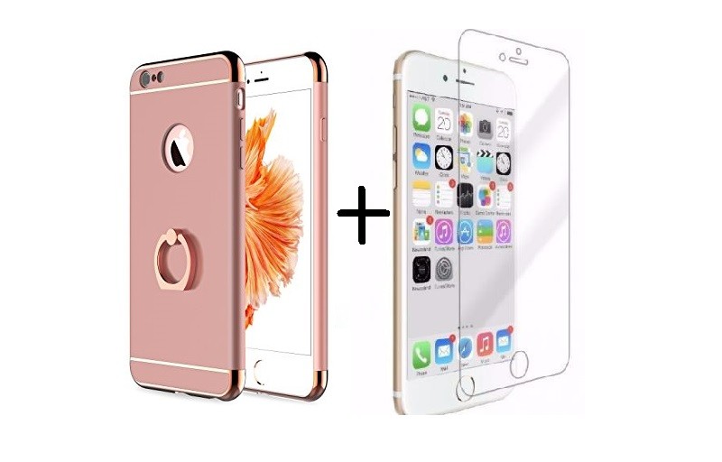 Pachet husa Elegance Luxury 3in1 Ring Rose-Gold pentru Apple iPhone 6 / Apple iPhone 6S cu folie de sticla gratis