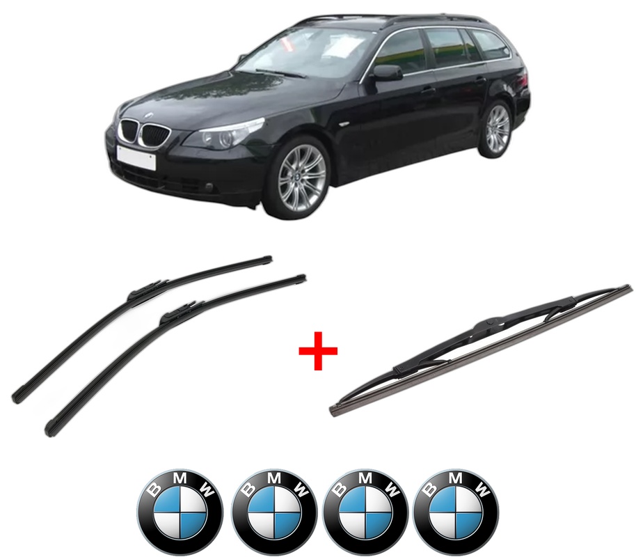 Set 3 stergatoare BMW Seria 5 Touring (E61) din 2004 - 2010, pentru parbriz si luneta fata si spate auto, Bosch Twin, din cauciuc siliconat rezistent, 4 Stickere Auto BMW