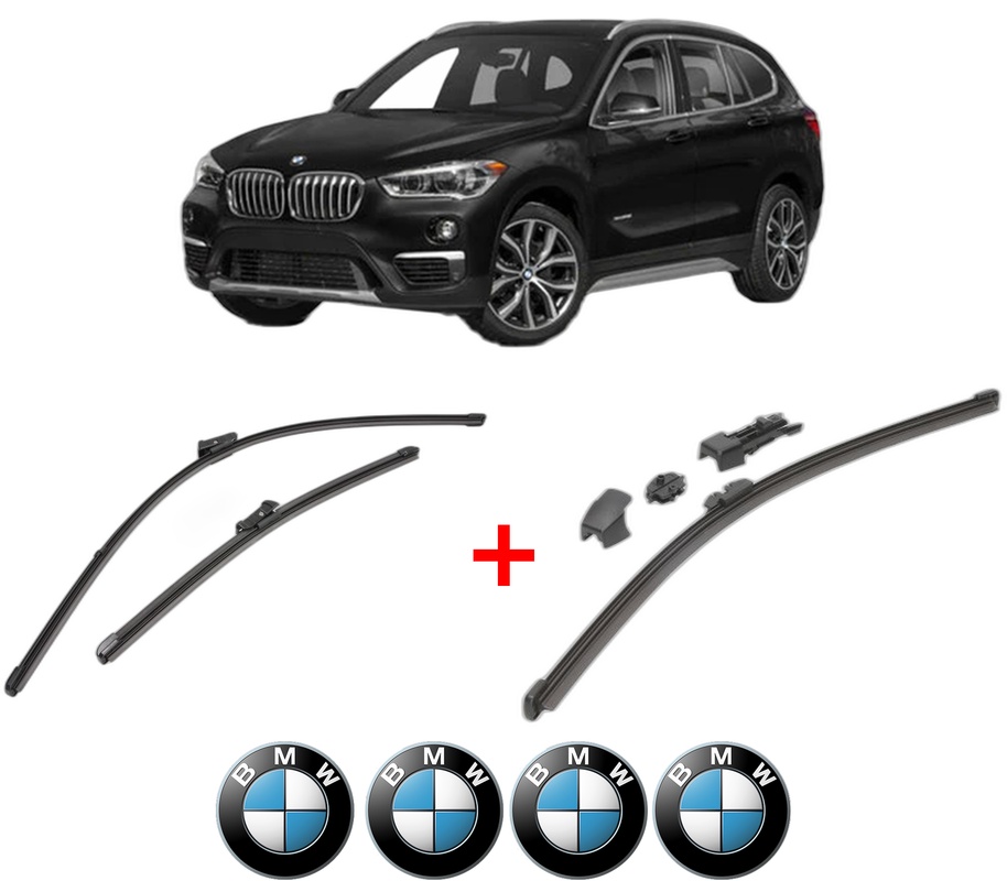 Set 3 stergatoare BMW Seria X1 (F48) din 2014 - 2022, pentru parbriz si luneta fata si spate auto, Valeo HydroConnect, din cauciuc siliconat rezistent, 4 Stickere Auto BMW