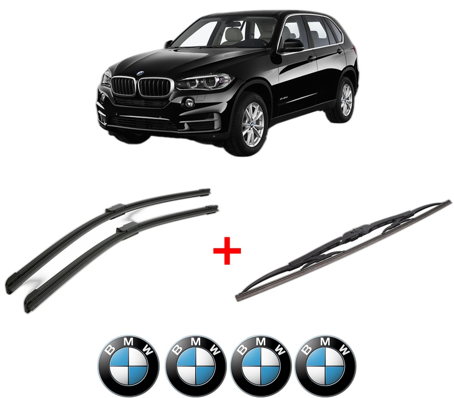 Set 3 stergatoare BMW Seria X5 (F15, F85) din 2013 - 2018, pentru parbriz si luneta fata si spate auto, Bosch Twin, din cauciuc siliconat rezistent, 4 Stickere Auto BMW