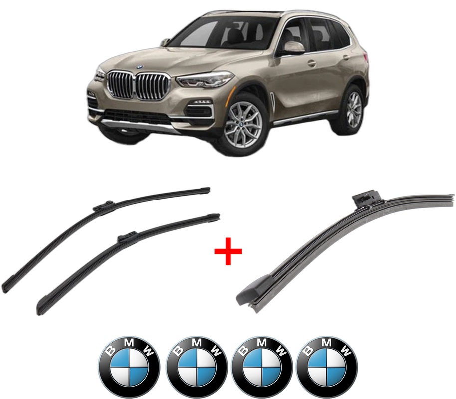 Set 3 stergatoare BMW Seria X5 (G05, F95) din 2018 - 2023, pentru parbriz si luneta fata si spate auto, Bosch Aerotwin, din cauciuc siliconat rezistent, 4 Stickere Auto BMW