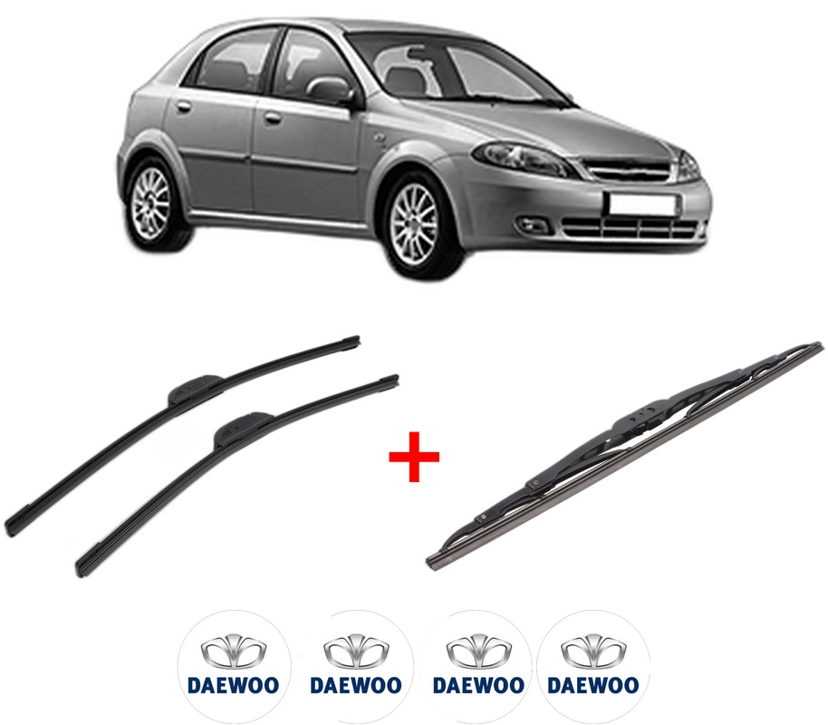 Set 3 stergatoare DAEWOO LACETTI Hatchback (KLAN) din 2004, pentru parbriz si luneta fata si spate auto, Bosch Twin, din cauciuc siliconat rezistent, 4 Stickere Auto DAEWOO