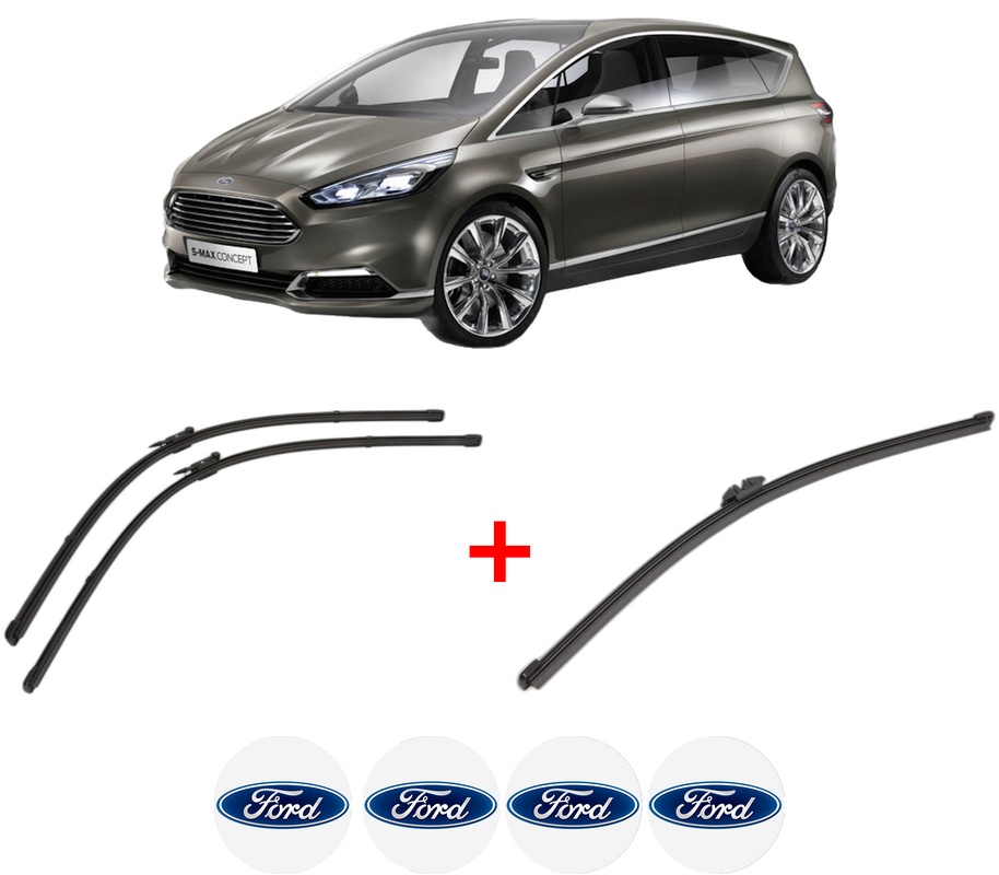 Set 3 stergatoare FORD S-MAX (CJ, WA6) din 2015 - 2018, pentru parbriz si luneta fata si spate auto, Valeo Silencio Xtrm, din cauciuc siliconat rezistent, 4 Stickere Auto FORD