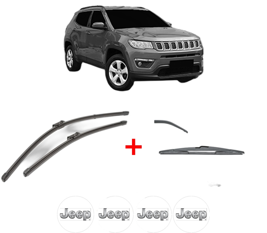 Set 3 stergatoare JEEP COMPASS (MP, M6, MV, M7) din 2016, pentru parbriz si luneta fata si spate auto, Valeo Silencio, din cauciuc siliconat rezistent, 4 Stickere Auto JEEP