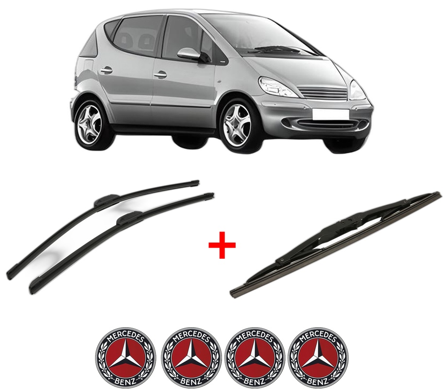 Set 3 stergatoare MERCEDES-BENZ A-CLASS (W168) din 1997 - 2004, pentru parbriz si luneta fata si spate auto, Bosch Twin, din cauciuc siliconat rezistent, 4 Stickere Auto MERCEDES-BENZ