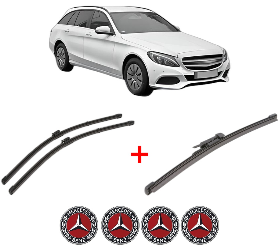 Set 3 stergatoare MERCEDES-BENZ C-CLASS T-Model (S205) din 2014 - 2021, pentru parbriz si luneta fata si spate auto, Valeo Silencio Xtrm, din cauciuc siliconat rezistent, 4 Stickere Auto MERCEDES-BENZ