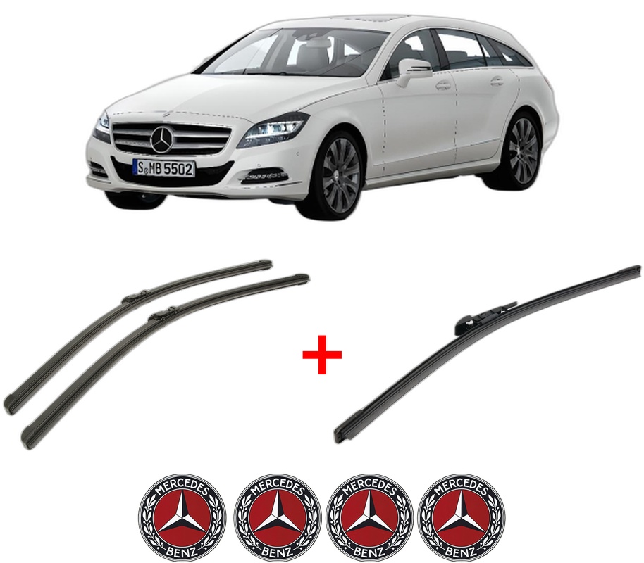 Set 3 stergatoare MERCEDES-BENZ CLS Shooting Brake (X218) din 2012 - 2017, pentru parbriz si luneta fata si spate auto, Bosch Aerotwin, din cauciuc siliconat rezistent, 4 Stickere Auto MERCEDES-BENZ